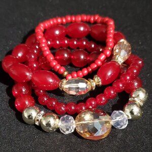 NWT - Boho Red Crystal Beaded Elastic Bracelet Set